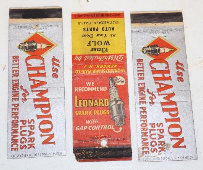 Group of 3 Champion and Leonard Spark Plugs Advertising Matchbooks: 4.5" x 1.5", empty
