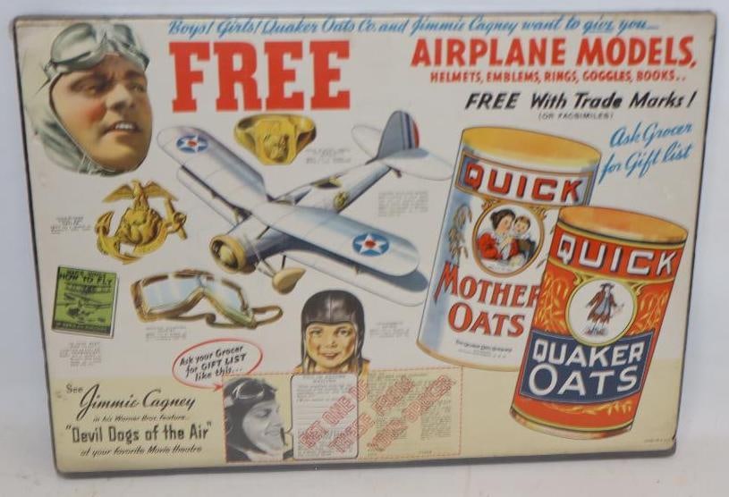 WW2 Quaker Oats And Jimmie Cagney Cardboard Advertising Sign: 20x14.25