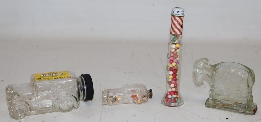 Group of 3 Glass Automobile and Gas Pump Shaped Bubble Gum Containers: Largest is 4.75 2x2x2
