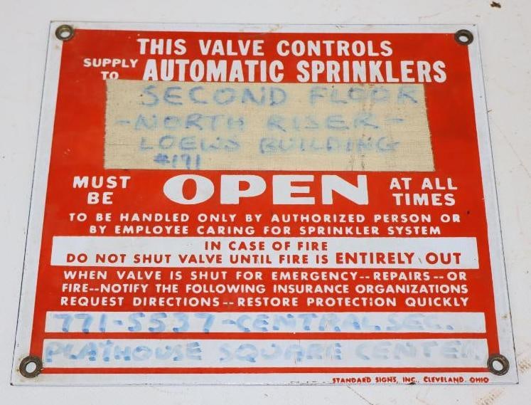 Porcelain Auto Sprinklers Valve Sign: 9x7.75 and is Marked Stander Signs INC