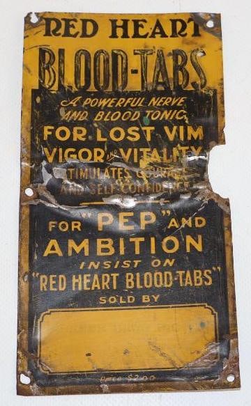 Red Heart Blood-Tabs Embossed Advertising Sign: 6.75x3.5