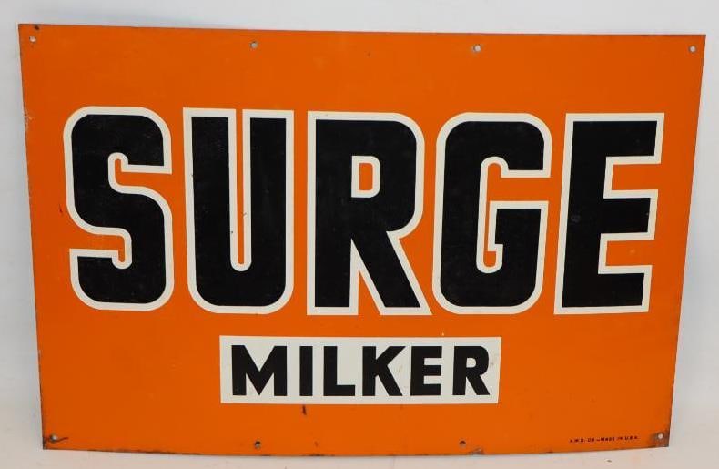 Surge Milker Single Sided Metal Advertising Sign: 18" x 12", marked A.M.D.Co.