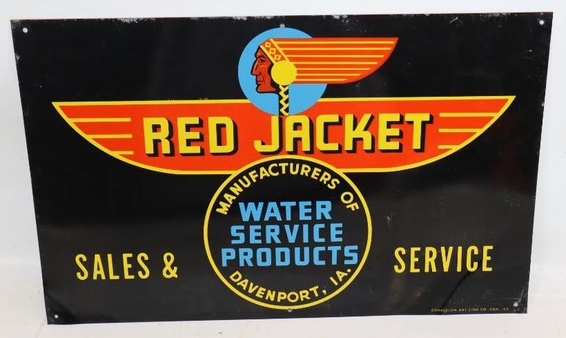 Red Jacket Water Service Products Davenport IA Advertising Metal Sign: 16.5" x 10.5", marked Donaldson Art Sign Company