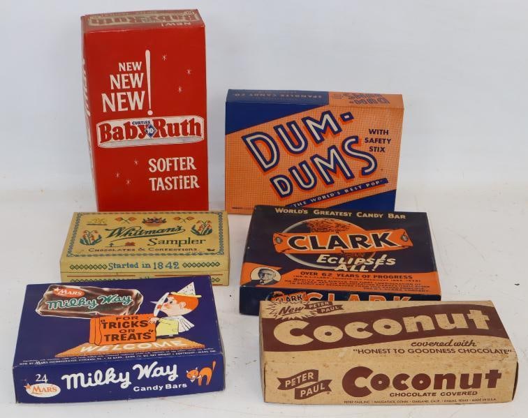 Group of 6 Early Chocolate Bar and Sucker Advertising Boxes: Largest is 10x9x1.5 All boxes are empty