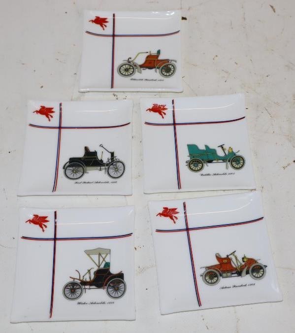 Group of 5 Mobil and Early Car Advertising Milk Glass Trays: 3.5" x 3.5" each