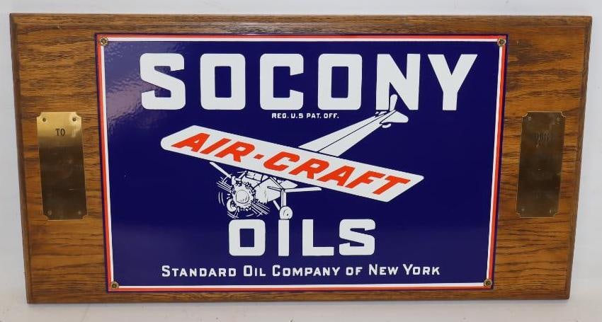 Socony Aircraft Oil Reproduction Porcelain Sign Mounted on Wood: 18x12 Wood 21.5x13.5