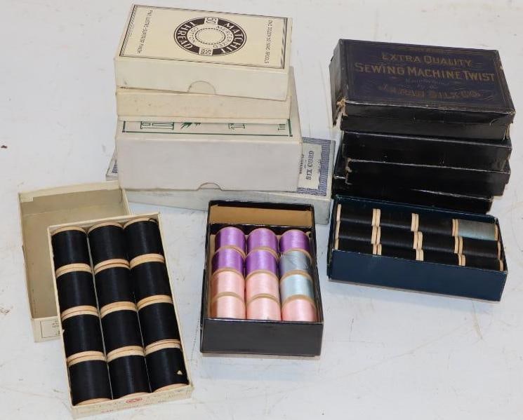 Group of 106 Japan Silk Company, Clark, Star Twist, and Hyland NOS Spooled Thread in Original Boxes: largest 7.5" x 3.25" x 1.25"