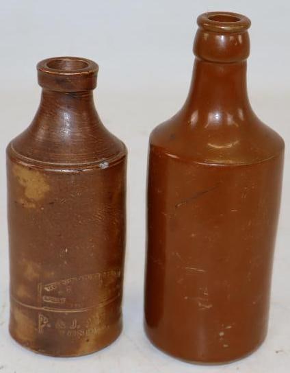 Group of 2 Stone Ware Beer Bottles: Largest is 2.5x2.5x6.75