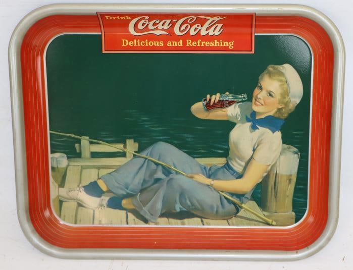 1940 Enjoy Coca-Cola Delicious Refreshing Woman Fishing Metal Advertising Serving Tray (1 of 2)