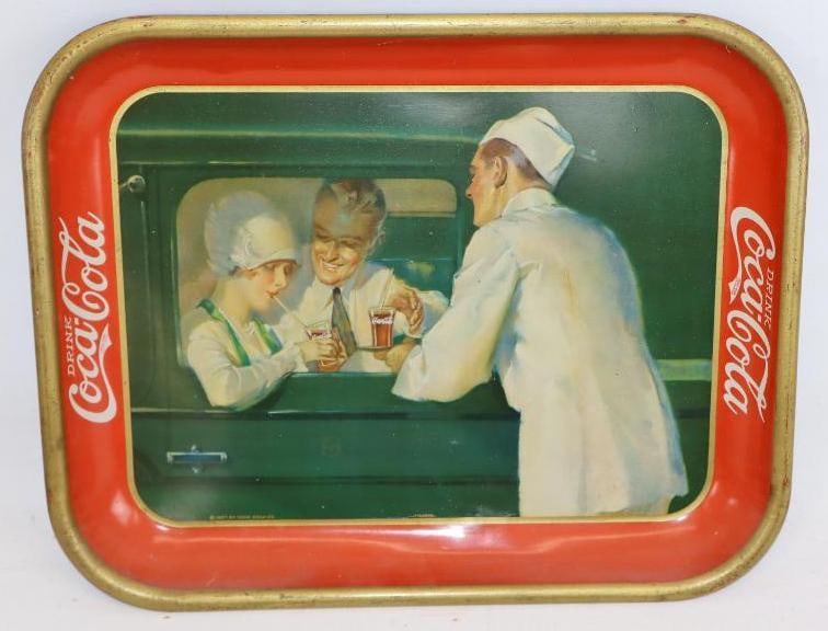 1927 Drink Coca-Cola Man and Woman at Drive In Scene Metal Advertising Serving Tray (1 of 2)