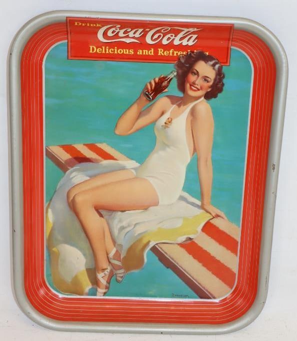 1939 Drink Coca-Cola Delicious Refreshing Woman Sitting on Diving Board Metal Advertising Serving (1 of 2)
