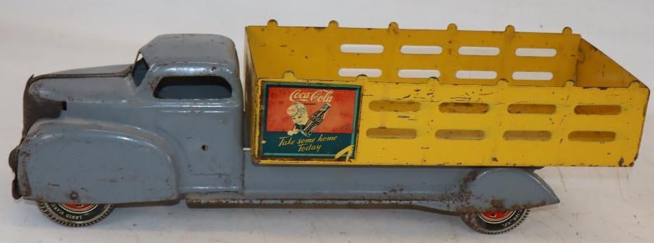 Coca-Cola Advertising Marx Stake Bed Advertising Toy Truck with Gray Cab: 20" x 6" x 6"