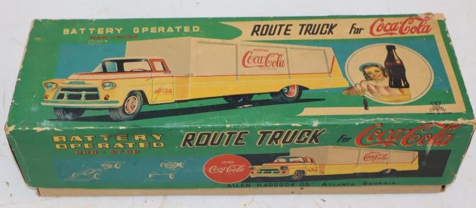 Battery Operated Coca-Cola Route Truck in Original Box: is marked Alan Haddock Co. 13" x 4.5" x 3"
