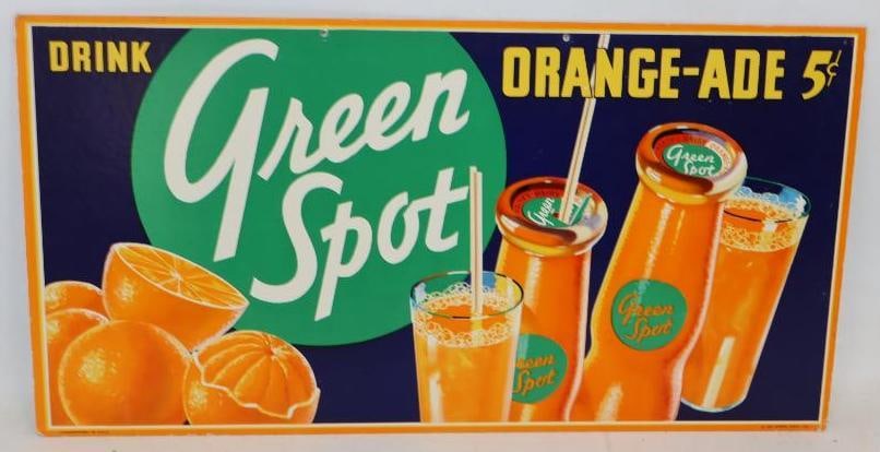 1936 Drink Green Spot Orangeade Single Sided Cardboard Advertising Sign: 21" x 11"