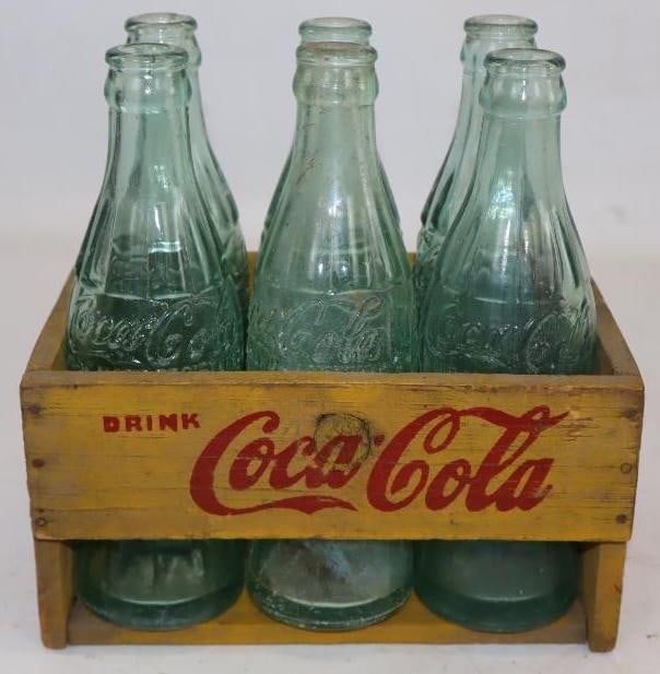 Drink Coca Cola Yellow Wooden 6 Pack Bottle Carrier With Bottles (1 of 4)
