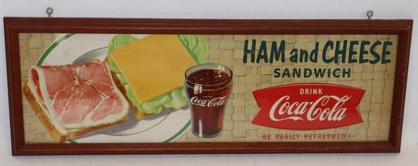 Drink Coca-Cola Fish Tail Ham and Cheese Sandwich Wood Framed Cardboard Advertising Sign: 23.25" x 8.25" x 0.75"