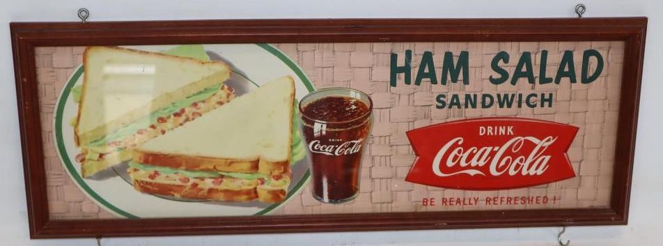 Drink Coca-Cola Fish Tail Ham Salad Sandwich Wood Framed Cardboard Advertising Sign (1 of 4)