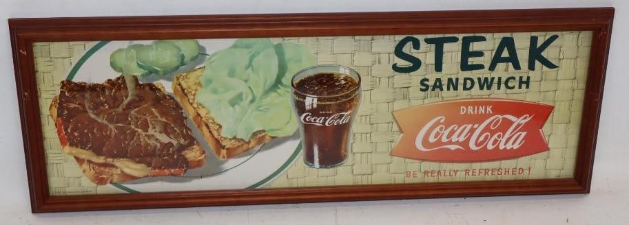 Drink Coca-Cola Fish Tail Steak Sandwich Wood Framed Cardboard Advertising Sign: sign shows fading. 23.25" x 8.25" x 0.75"