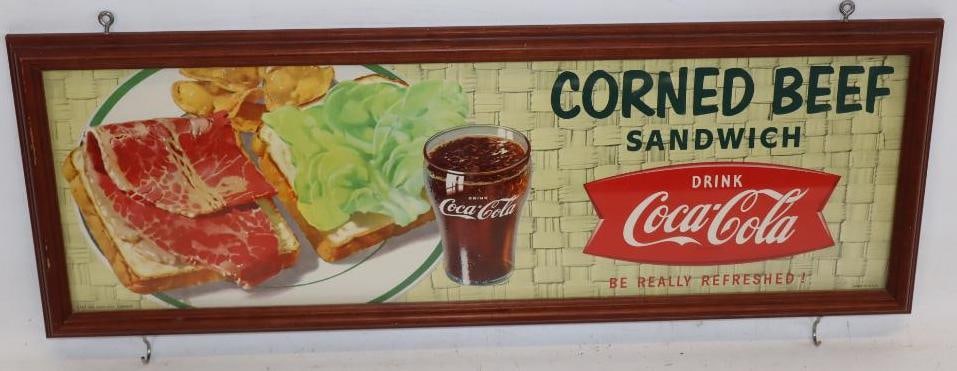 Drink Coca-Cola Fish Tail Corned Beef Sandwich Wood Framed Cardboard Advertising Sign: 23.25" x 8.25" x 0.75"