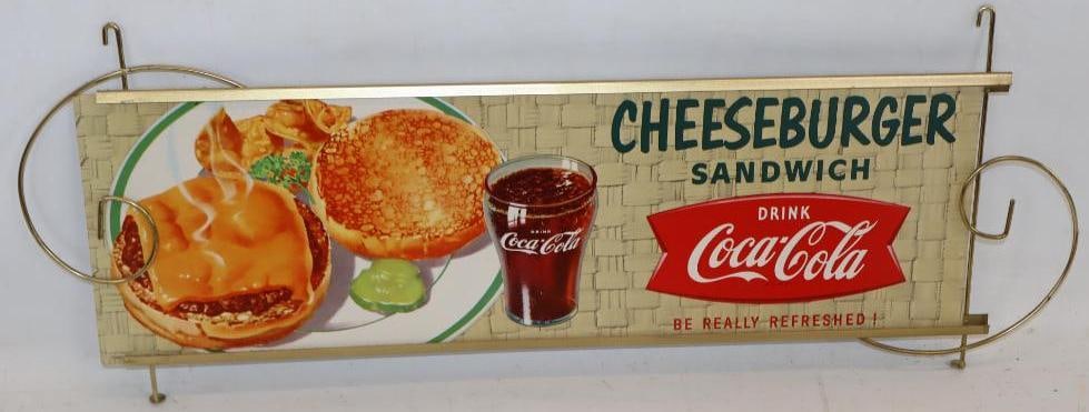 Drink Coca-Cola Fish Tail Cheeseburger Sandwich Metal Framed Cardboard Advertising Sign: 26" x 10"
