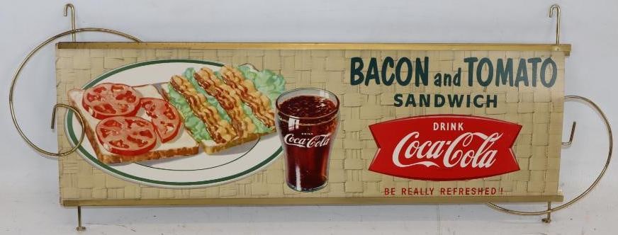 Drink Coca-Cola Fish Tail Bacon and Tomato Sandwich Metal Framed Cardboard Advertising Sign: 26" x 10"