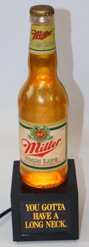 Miller High Life Countertop Lightup Bottle Sign: 3.25" x 3.25" x 11.5", in working condition