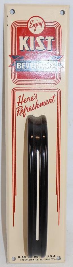 Enjoy Kist Beverages Here's Refreshment Metal Advertising Door Pull: is marked "Stout Sign Co. K-48" 12" x 2.75"
