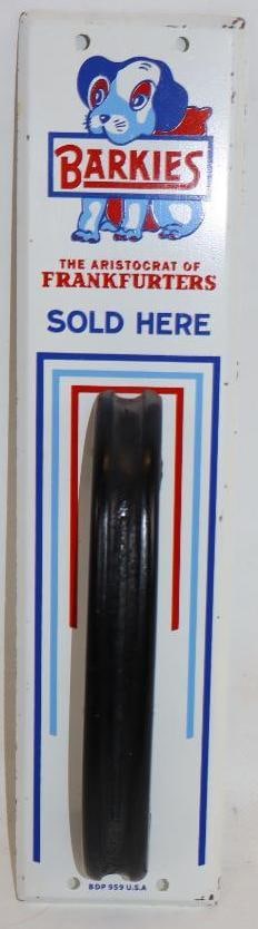 Barkies The Aristocrat of Frankfurters Sold Here Metal Advertising Door Push: is marked "BDP959" 2.75" x 12"