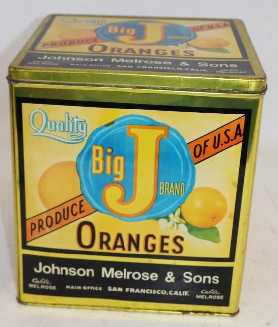 Quality Big J Oranges Advertising Tin with 12 Plastic Oranges: 9" x 9" x 10"