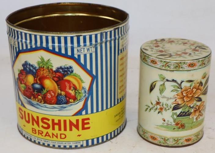 Group of 2 Sunshine Fruits, and Floral Tea Container: Sunshine is missing lid. Largest is 10lbs