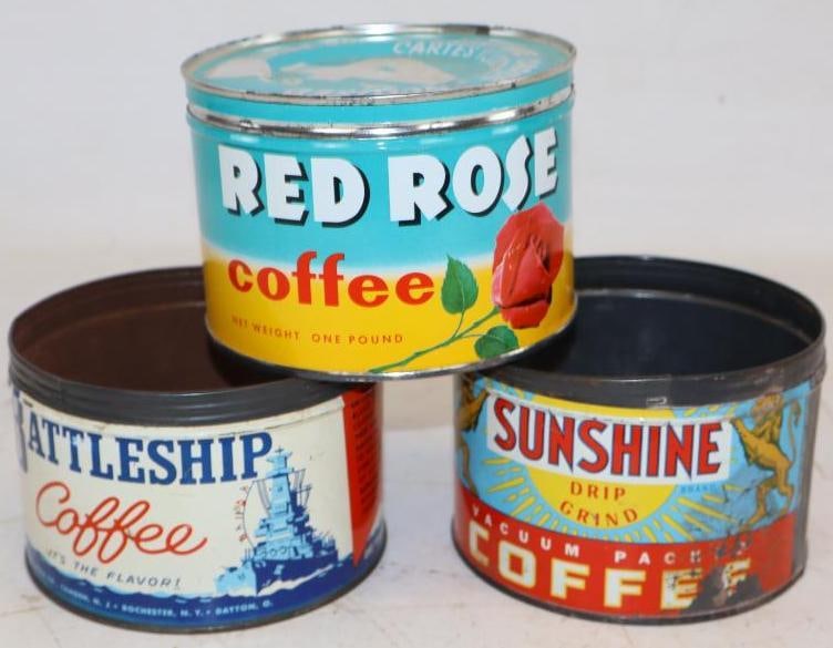 Group of 3 Red Rose, Battleship, and Sunshine 1lb Coffee Tins (1 of 2)