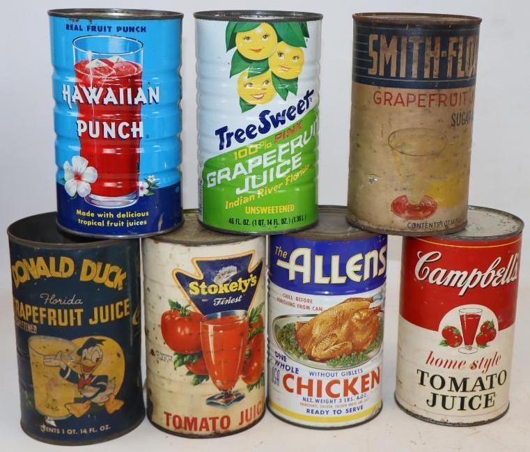 Group of 7 Grapefruit, Tomato Hawaiian Punch And Chicken Broth Advertising Cans: 46 oz Each