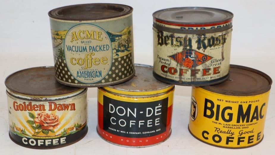 Group of 5 Different Early Coffee Cans (1 of 2)