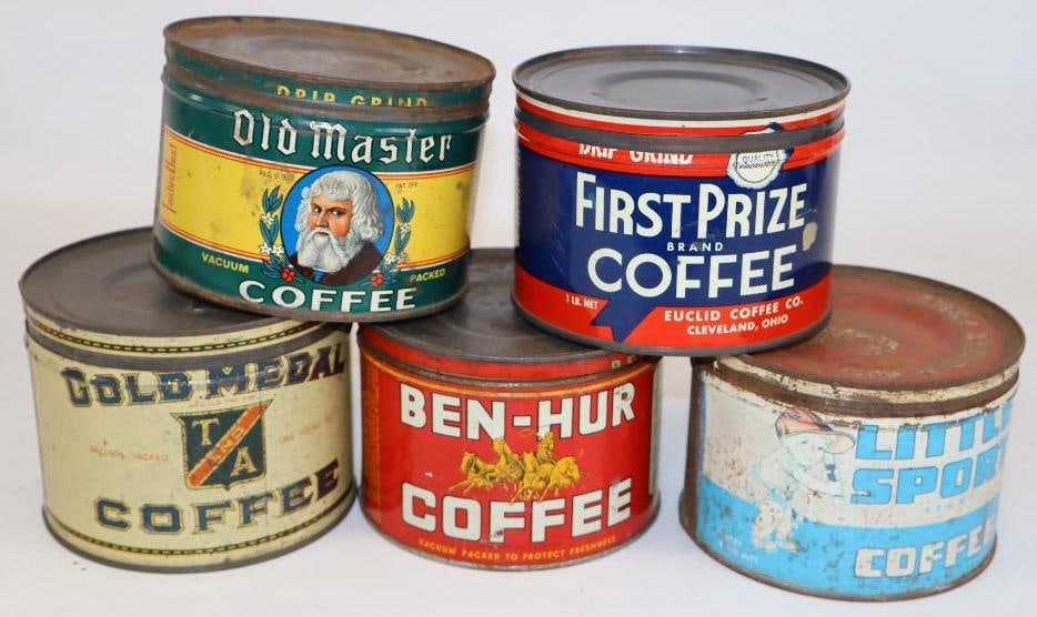 Group of 5 Different Early Coffee Cans (1 of 2)