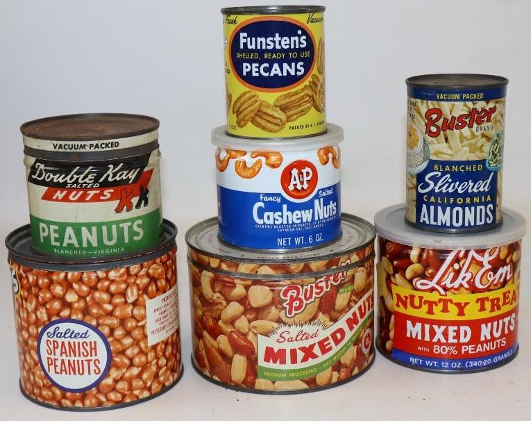 Group of 7 Pecans, Cashews, Peanuts And Mixed Nuts Advertising Tins: Largest is 14 oz