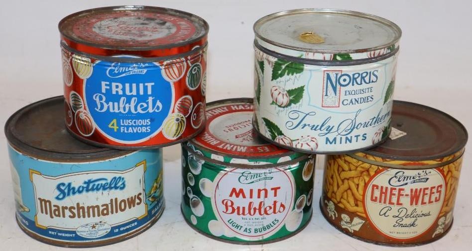 Group of 5 Marshmallow, Peppermints Fruit Barrells And Chee-Wees: Largest is 12 oz