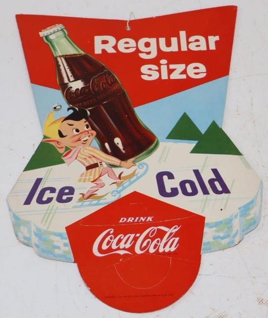 1956 Drink Ice Cold Coca-Cola Regular Size Advertising Cardboard Fan Pull Bottle Topper with Ice (1 of 2)
