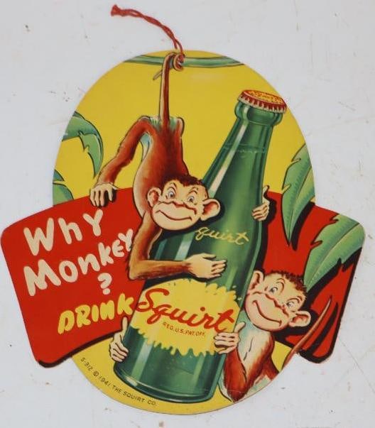 1941 Why Monkey? Drink Squirt Cardboard Advertising Fan Pull (1 of 2)