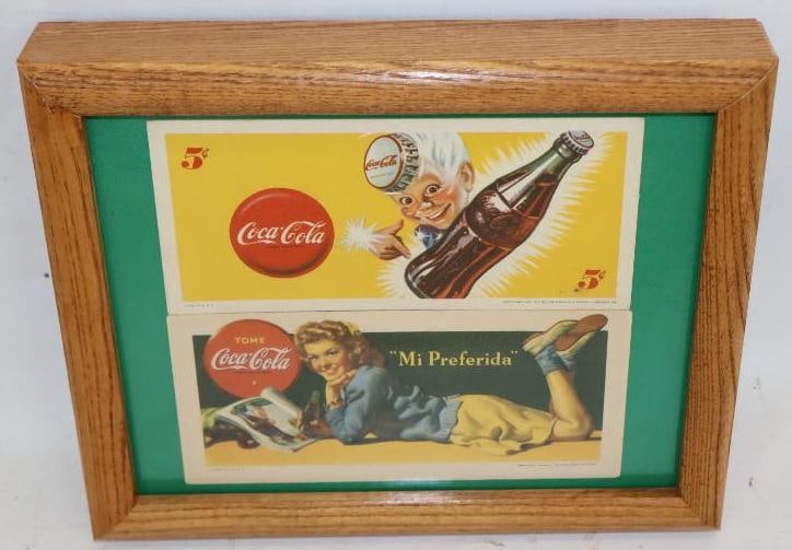 Group of 2 1941 Coke Advertising Ink Blotters in Wooden Display: frame measures 11" x 9"