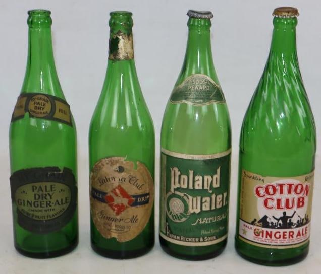 Group of 4 Hy-Grade, Poland Water Cotton Club And Satoria Club Ginger Ale And Water Green Glass: 24 and 32 oz's Each