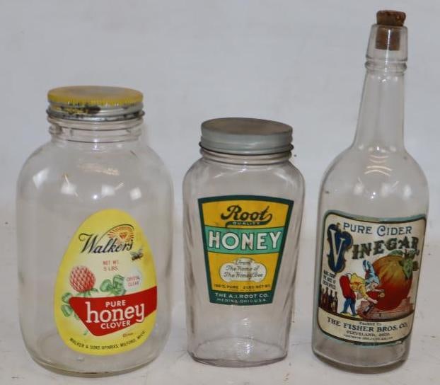 Group of 3 Walkers, Root And Fisher Bros Honey And Cider Vinegar Bottles: Largest is 4x4x8