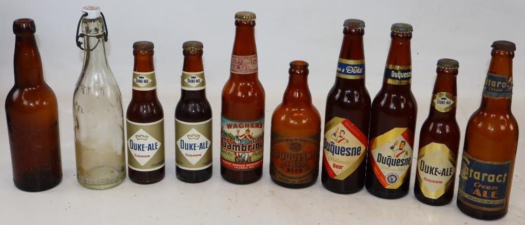Group of 10 Vintage Glass Beer Bottles: Largest is 12oz 7 Have Caps