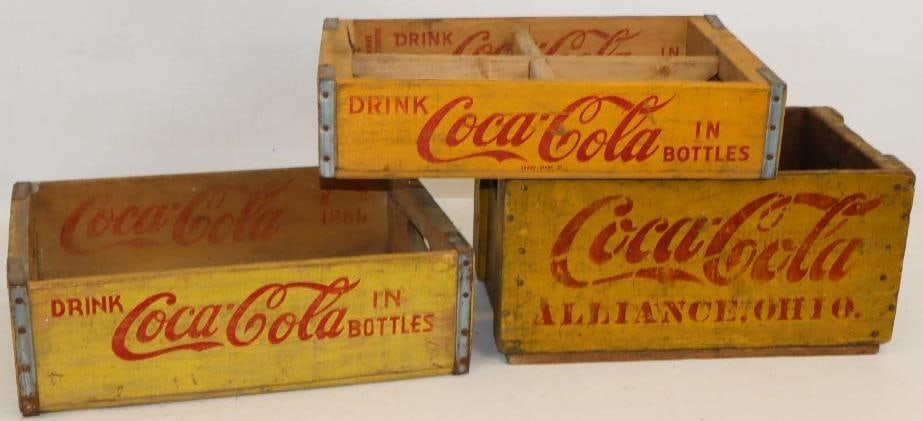 Group of 3 Drink Coca Cola Yellow Soda Pop Crates: Largest is 17x10.5x9