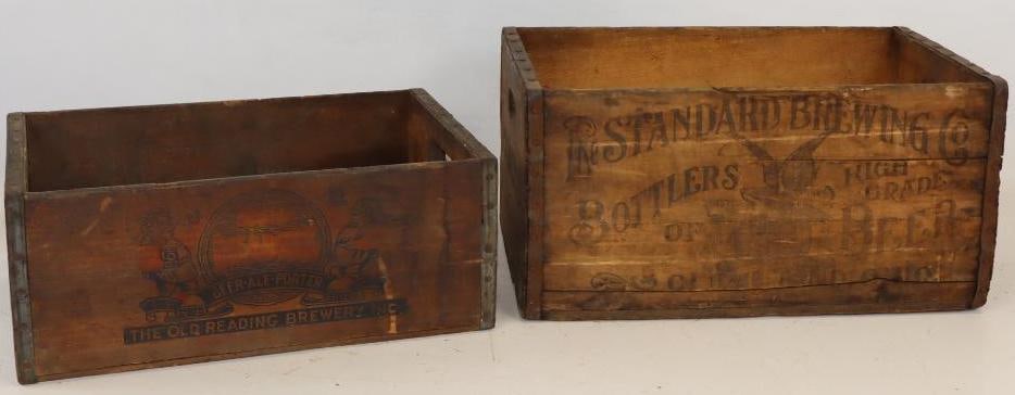 Group of 2 Reading And Standard Beer Wooden Carrying Crates: Largest is 13.5x21x10.5