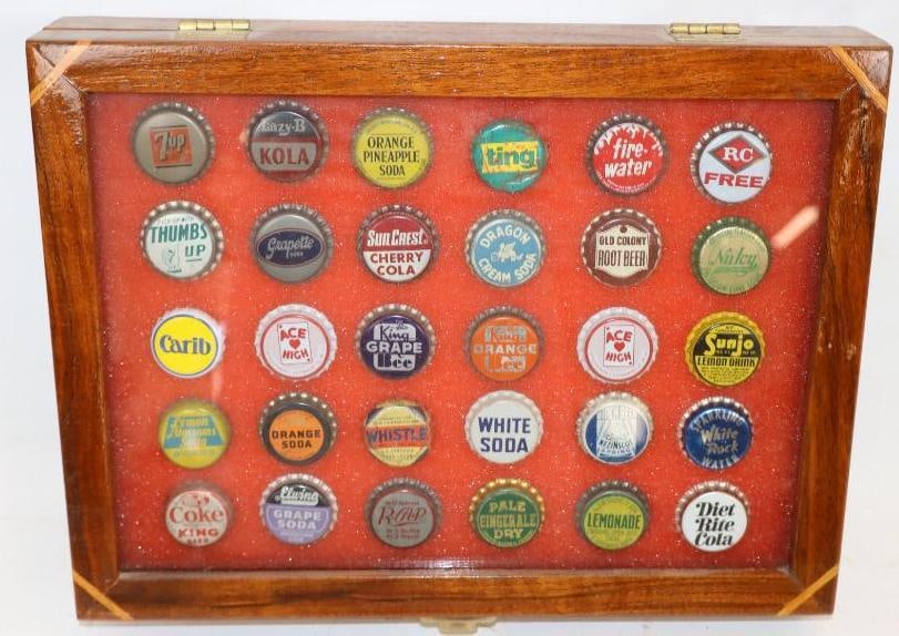 Group of 30 Different Quark Lined Soda Bottle Caps in Wooden Display Case (1 of 4)