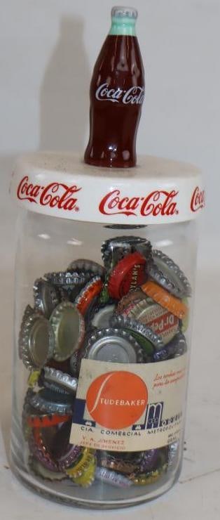 Coca-Cola Advertising Glass Jar with 139 Bottle Caps: 4" x 4" x 10"