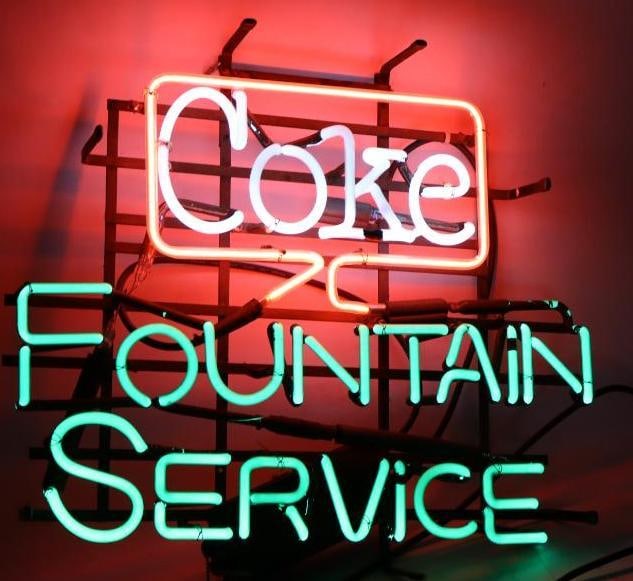 Coke Fountain Service Advertising Window Neon Sign: works. 19" x 22.5" x 5"