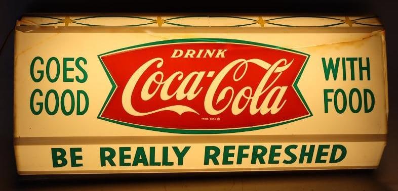 Drink Coca-Cola Goes Good With Food Light Up Fish Tail Advertising Sign: Sign has several crack repairs and is coming apart. Lights up. 24.5" x 6" x 10"