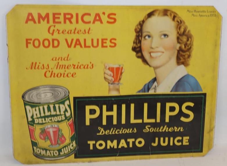 Phillips Delicious Southern Tomato Juice 1935 Cardboard Advertising Sign: 27.25x21