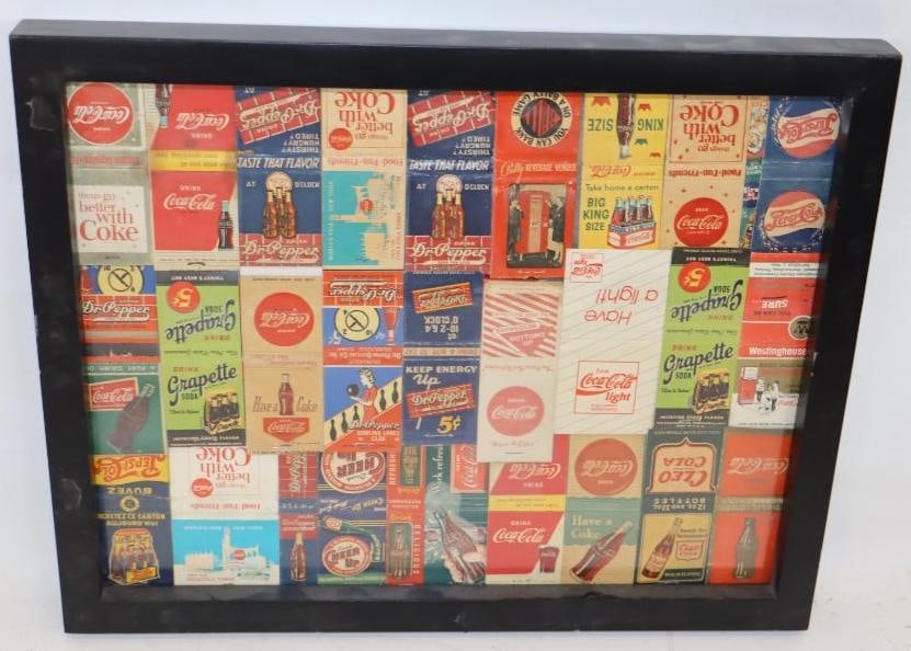Group of 30 Framed Soda Match Books: 15.25" x 12.25"